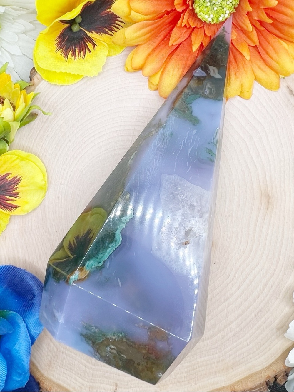 Polished Blue-Grey Moss Agate Tower (D) Decorative Accent